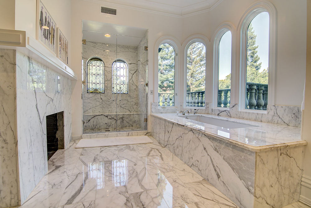 Carrera Marble Tub, Shower, & Fireplace